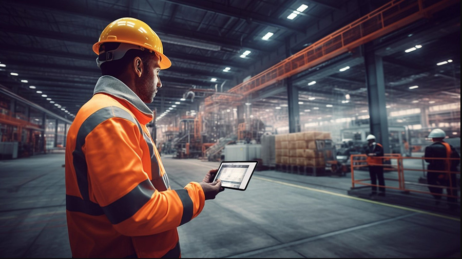 Worker in manufacturing facility with an tablet in their hand.