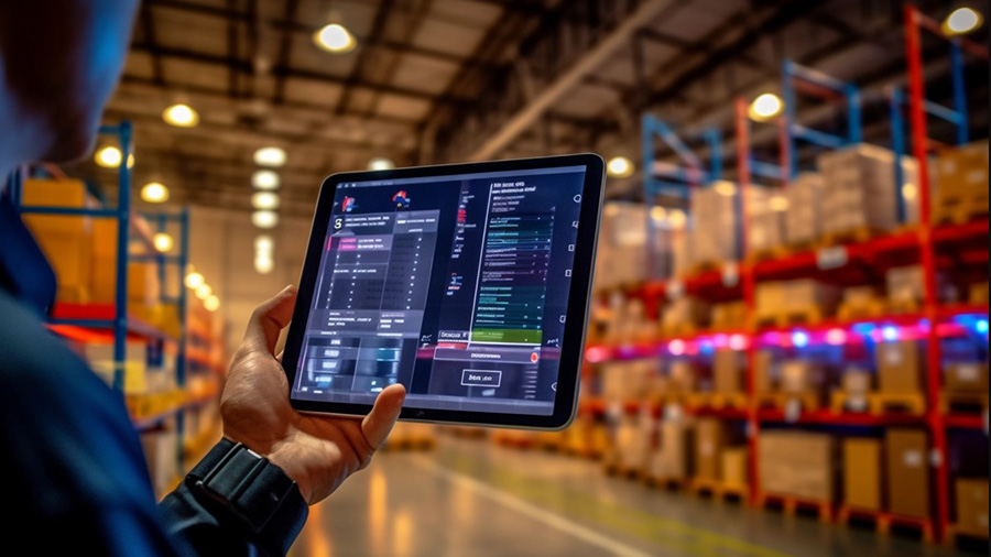 Close up of a person in a warehouse setting, holding a tablet with data on its screen.