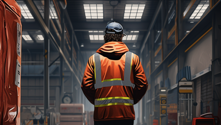 Worker in warehouse with hands in his pocket and back to the viewer.