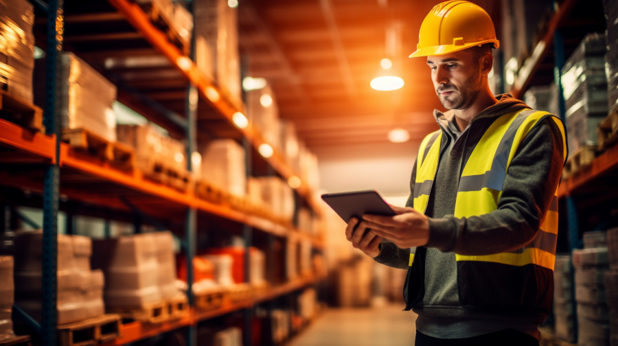 AI generated image of warehouse manager reviewing information on a tablet screen, whilst standing in the warehouse aisle.