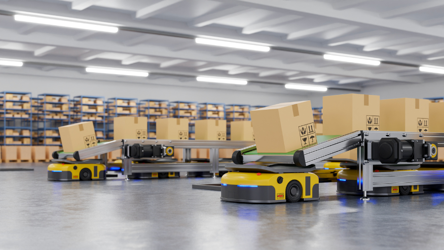 AMR (Autonomous Manoeuvrable Robots) and conveyor system in warehouse.